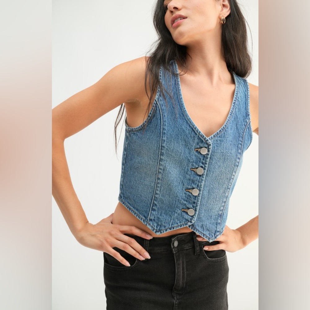NEW ! Blue Denim Button-Up Vest